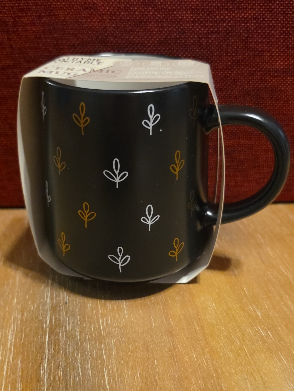 Matte Black Ceramic Coffee Mug with White & Gold Leaf Accents